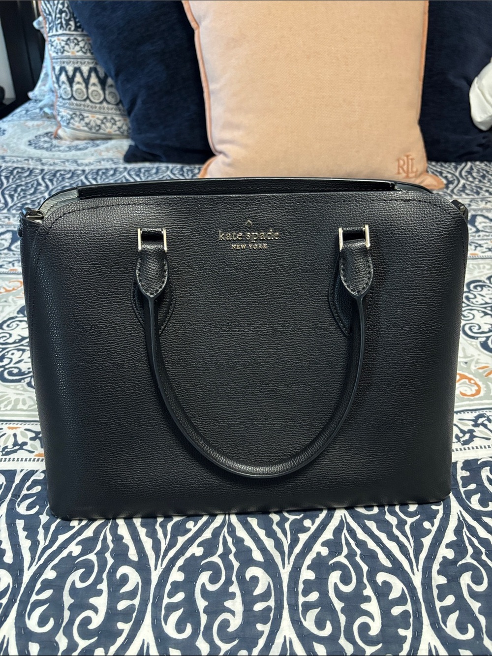 kate spade Black Pebbled Leather Satchel with Gold Logo